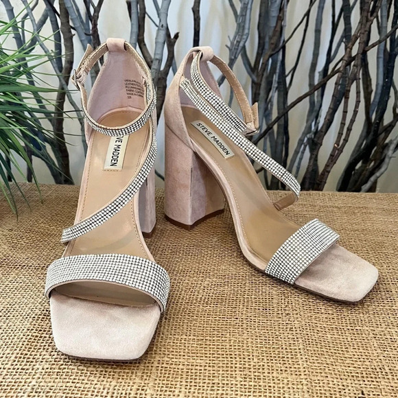 Steve Madden Varali Nude Rhinestone Block Heel Suede Sandals Size 10 - Picture 6 of 13